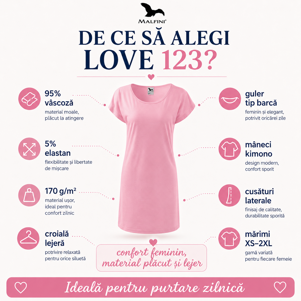 Tricou lung tip rochie damă Malfini Love 123 roz din 95% v&acirc;scoză cu guler tip barcă